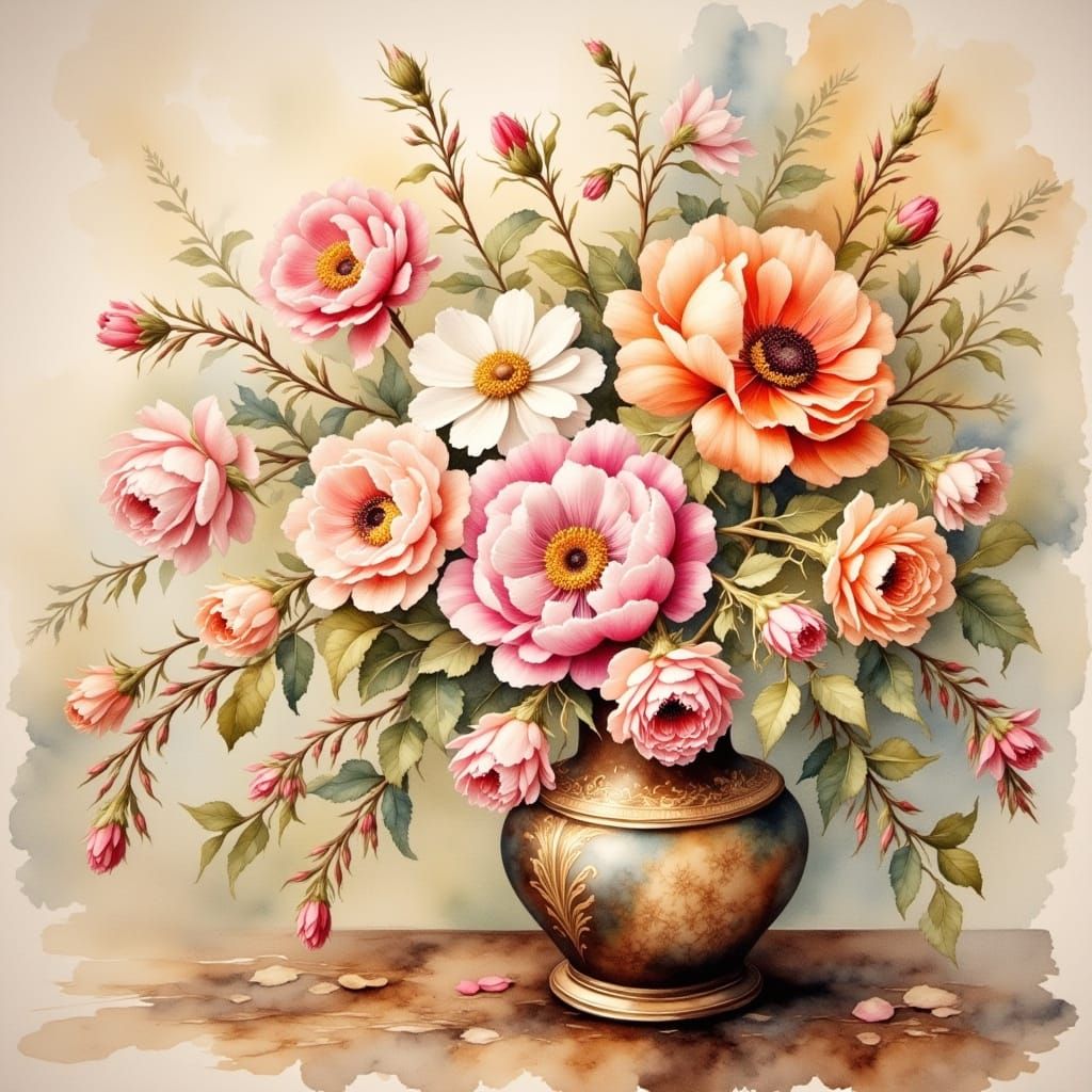 Antique Watercolor Floral Wallpaper Art