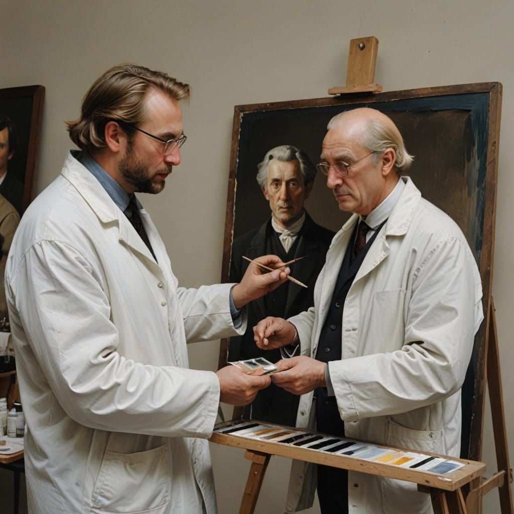 Man Painting Portrait of Artist in Long White Coat, Palette....