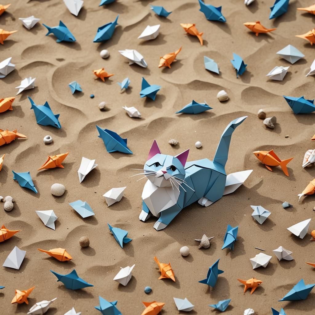 Origami Cat Catching Fish on Beach in Papercraft Style