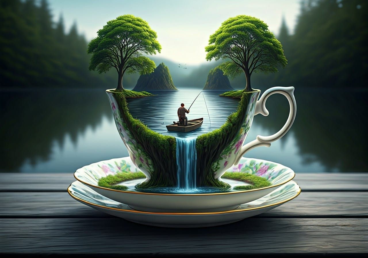 Whimsical Surrealism: Royal Albert Tea Cup in Dreamlike Lake...