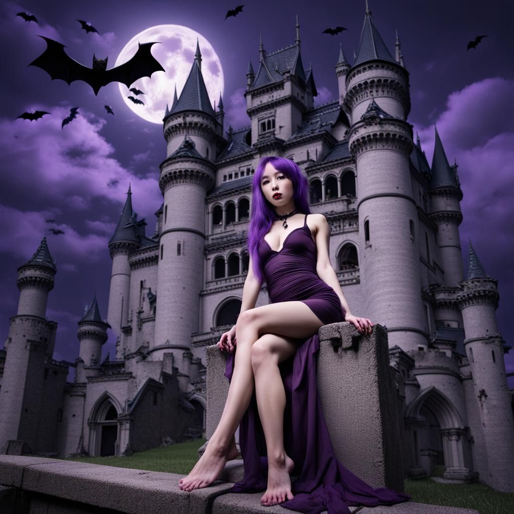 Gothic Asian Lady in Dark Castle at Night