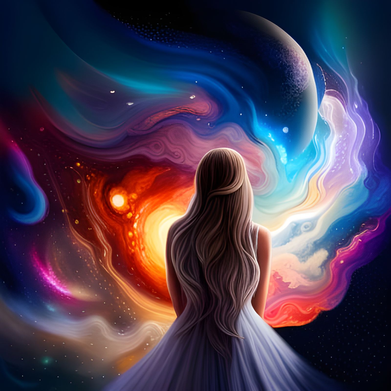 Cosmic Woman Exploring a Starry Galaxy