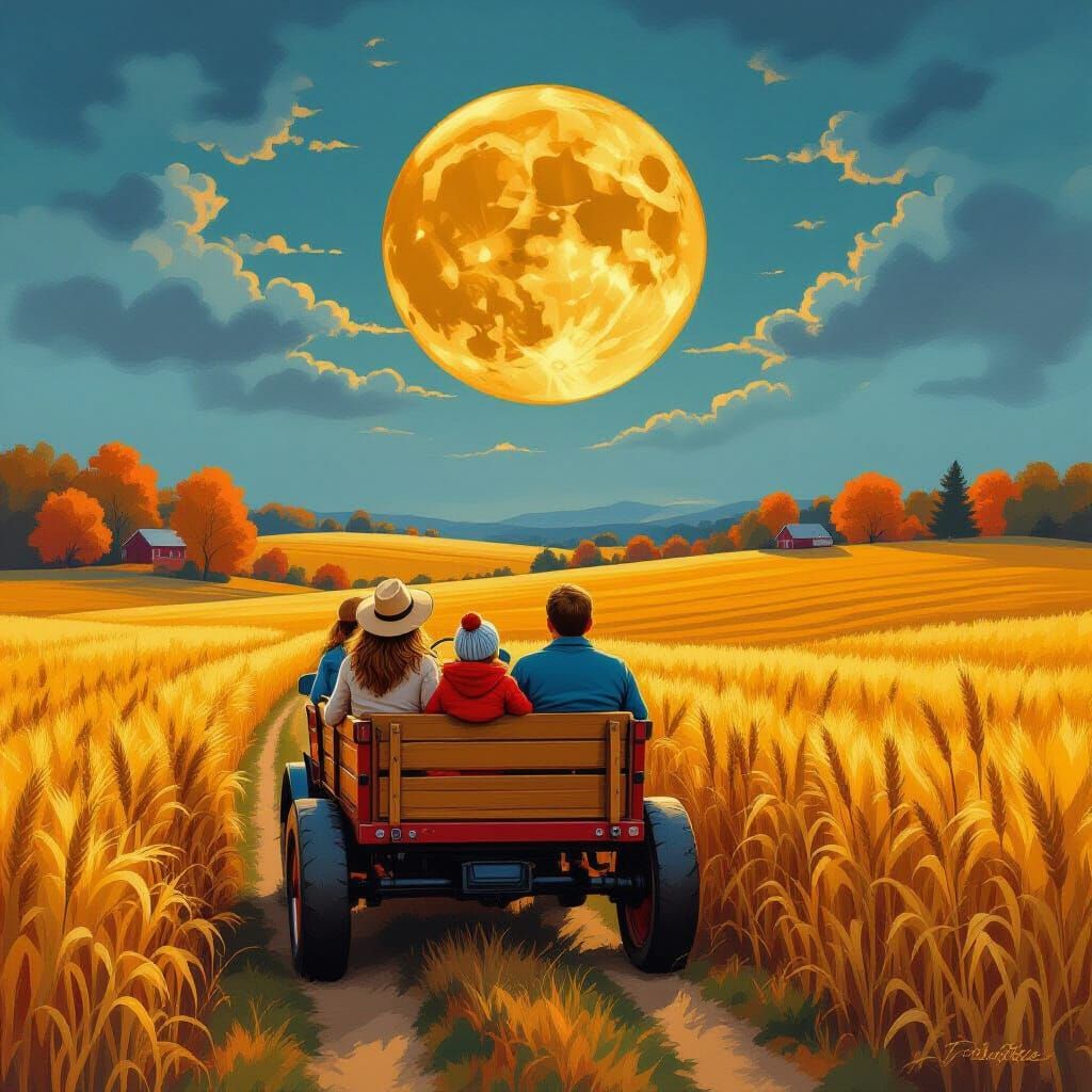 Hayride Under Harvest Moon: Whimsical Autumn Landscape
