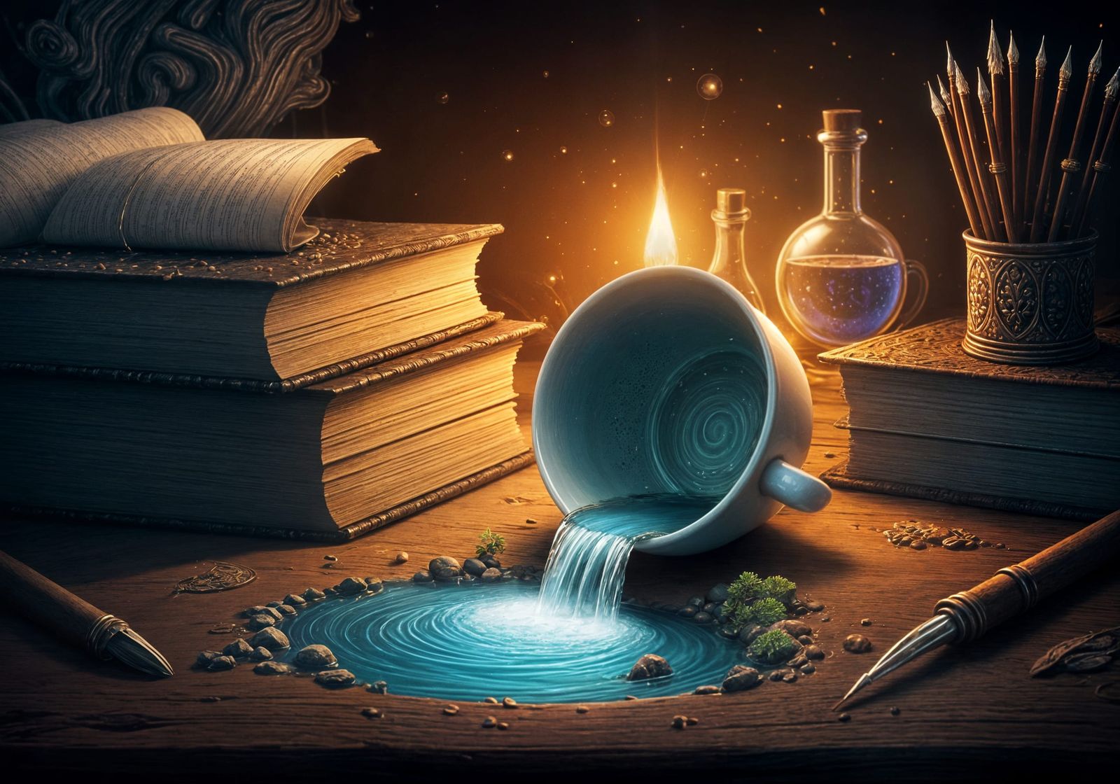 Magical Waterfall Flows From Wizard's Coffee Cup