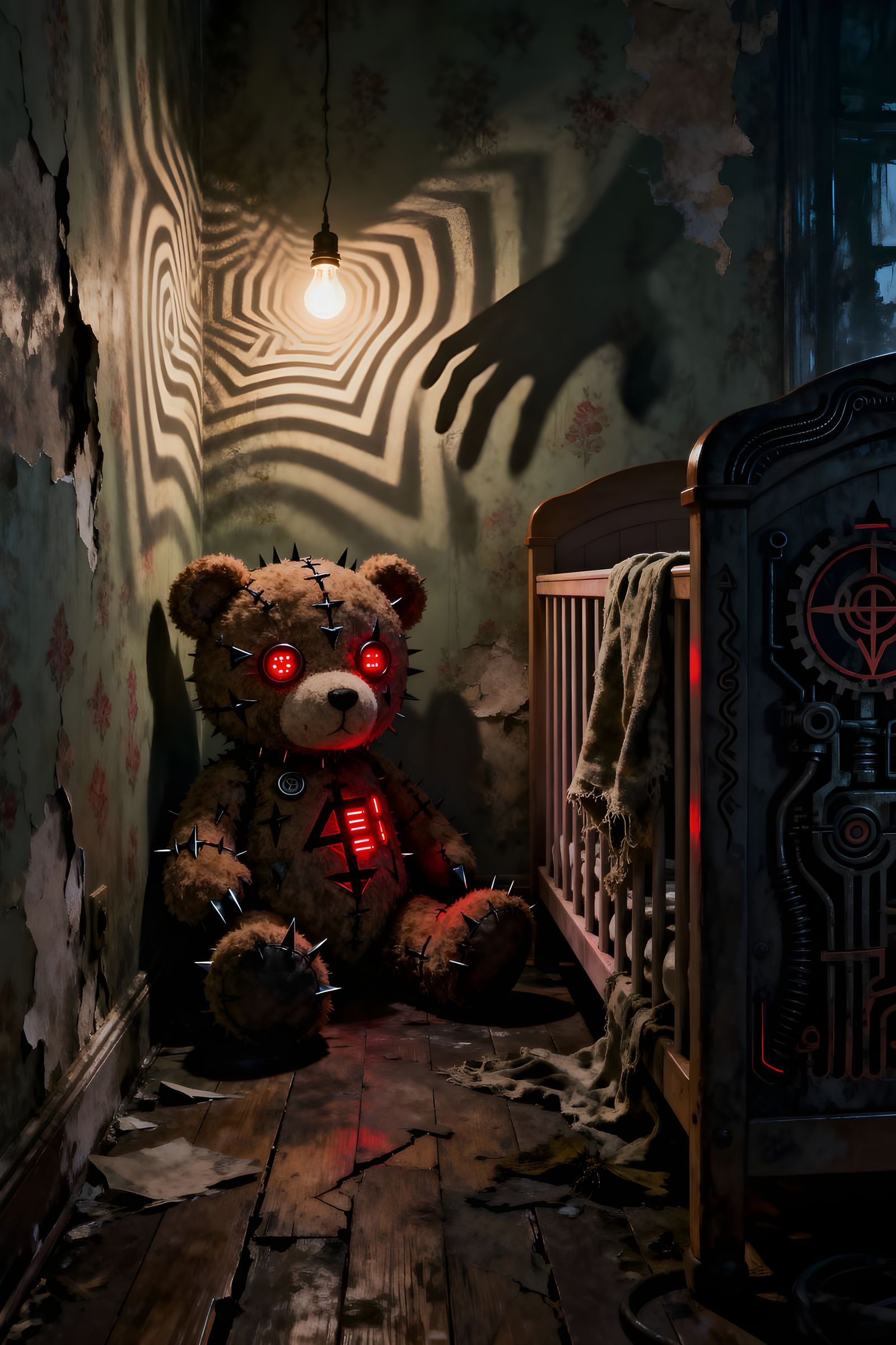 Sinister Teddy Bear in Shadowy Nursery