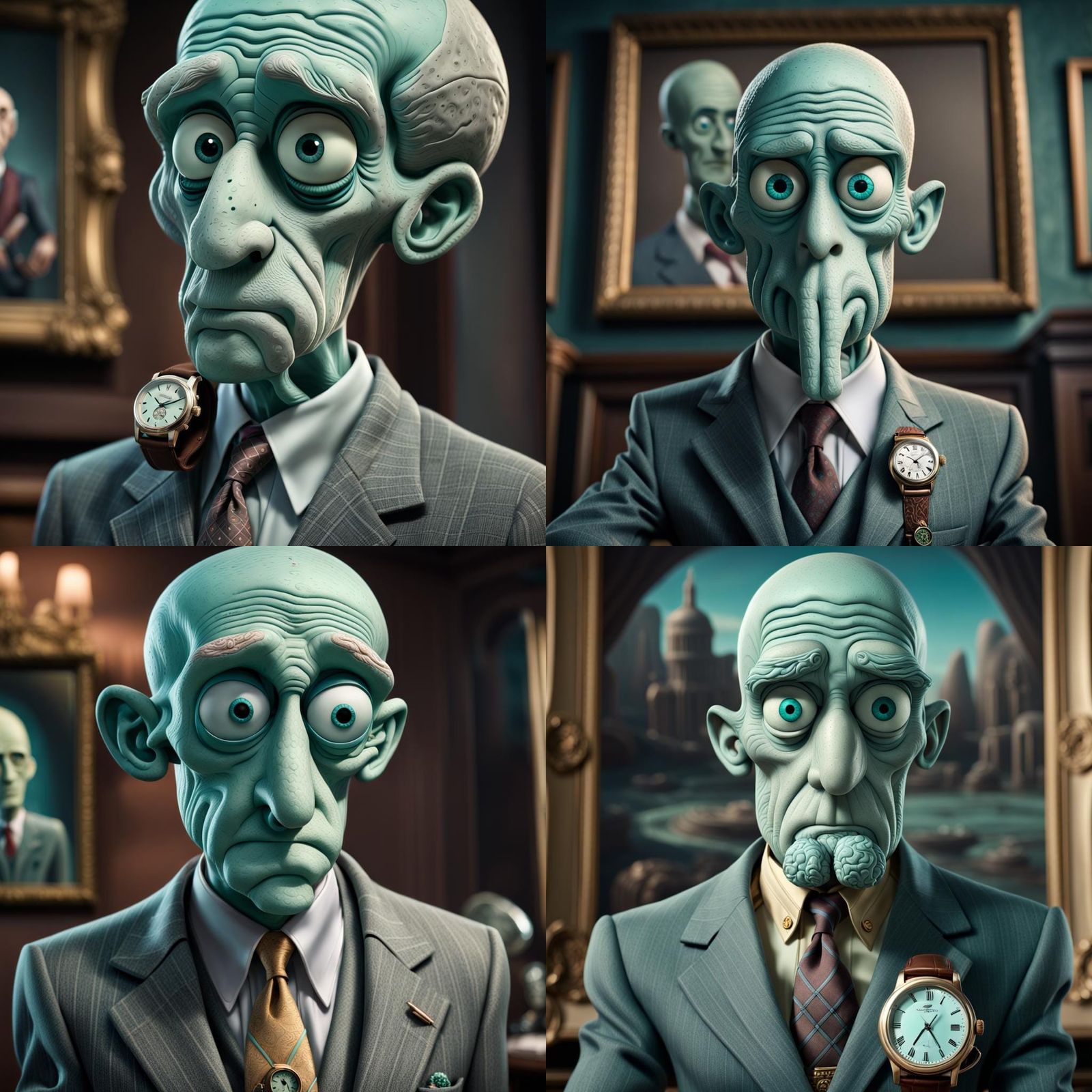 Hyperrealistic Portrait of Squidward in Suit