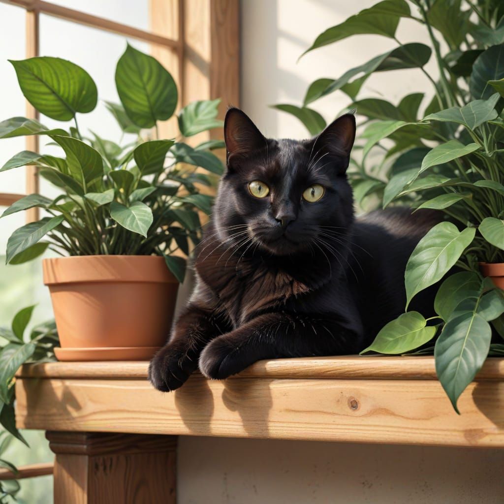 Anime Style Black Cat on Wooden Shelf with Potted Plant