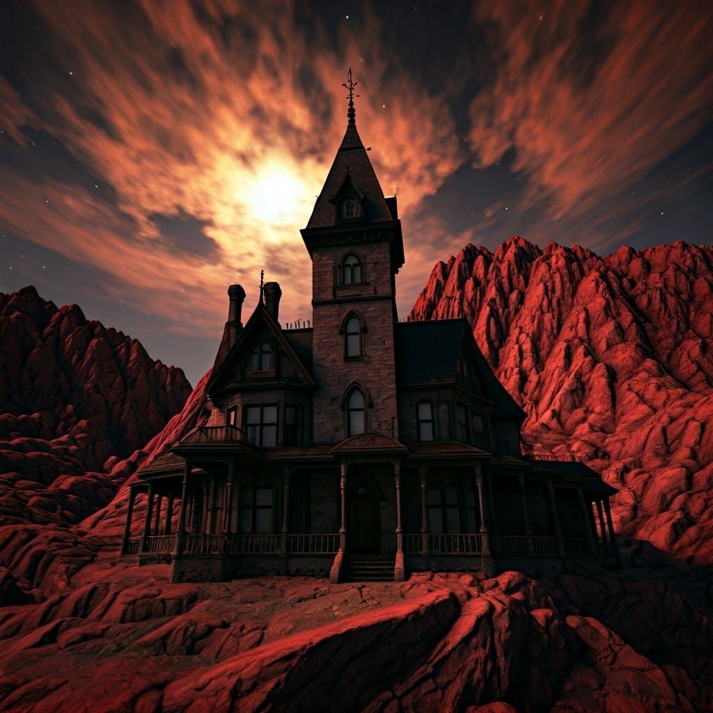 Creepy Gothic Mansion in Moonlit Mountains: 3D Rendering