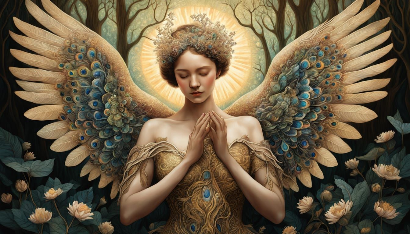 Women with Iridescent Swan Wings Rise Up in a Symbolic Scene