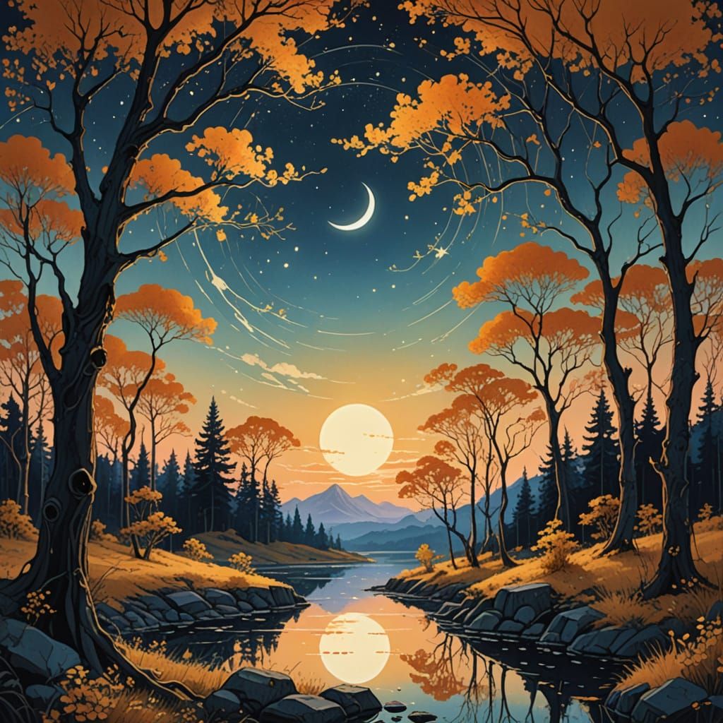 Moonlit Forest Dreams in Art Nouveau Style