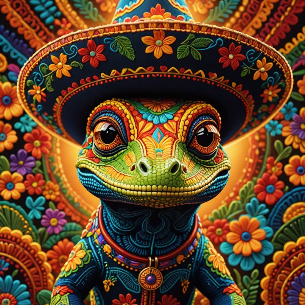 Gecko in Sombrero: Vibrant Mexican Folk Art