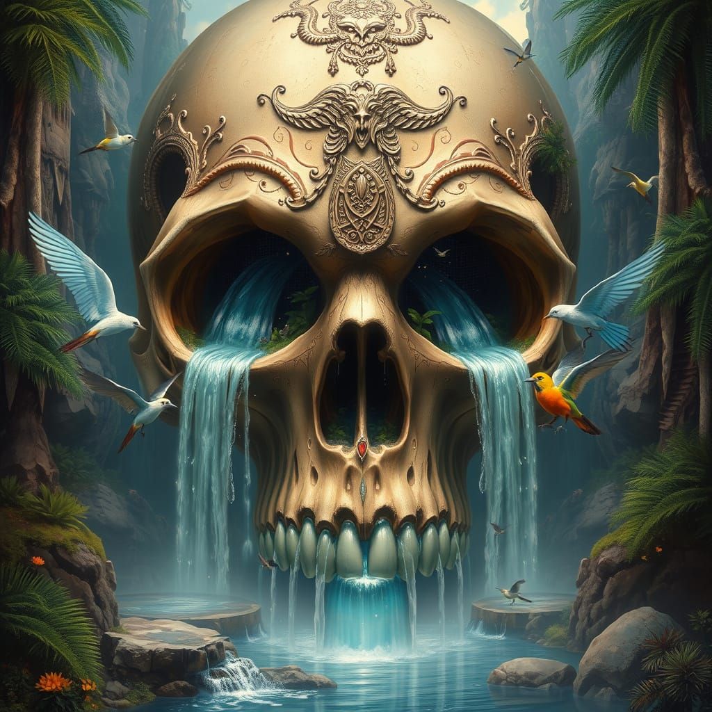 Oasis Inside Skull with Waterfalls and Lush Greenery