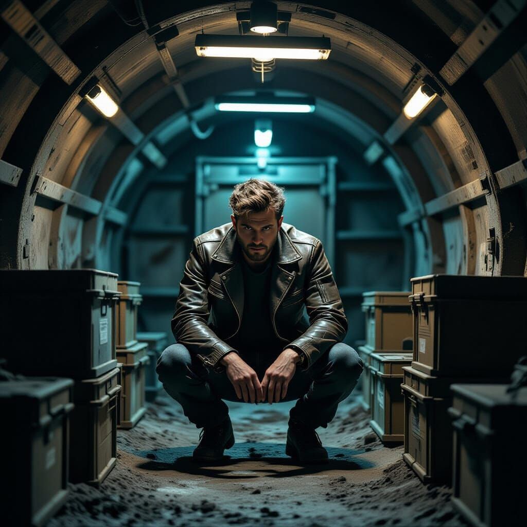 Person in Bunker: Gritty Industrial Sci-Fi Art