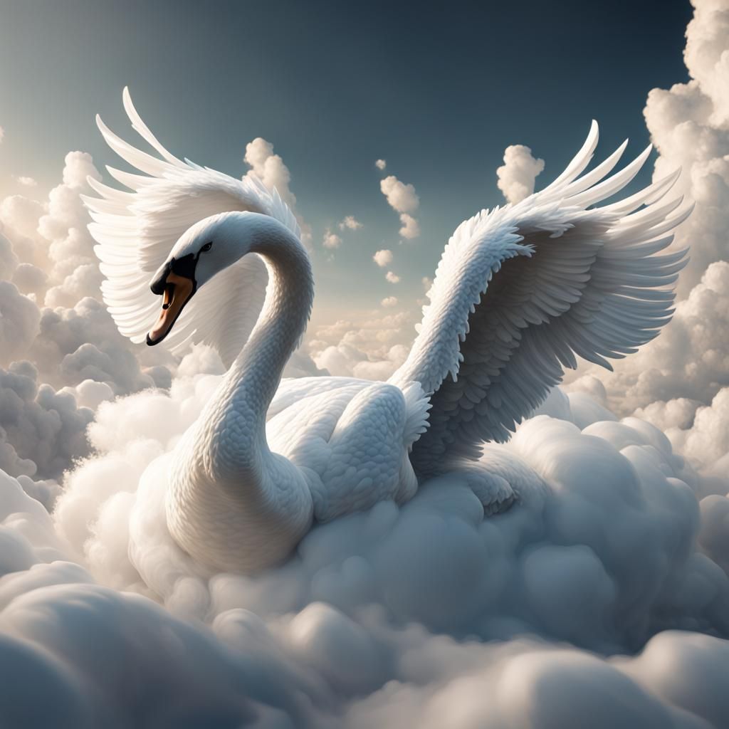 White Swan on Cloud in Detailed Matte Painting