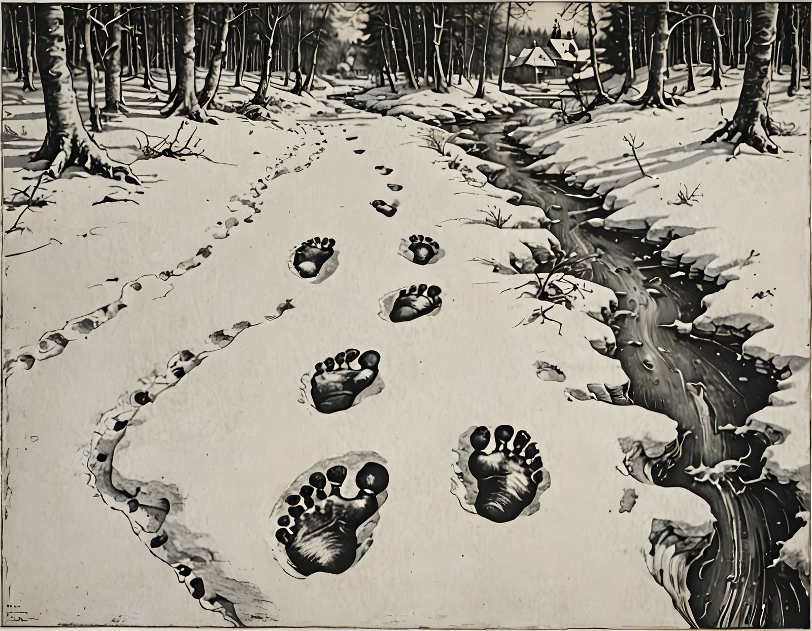 Winter Footprints in Monochromatic Woodcut Style
