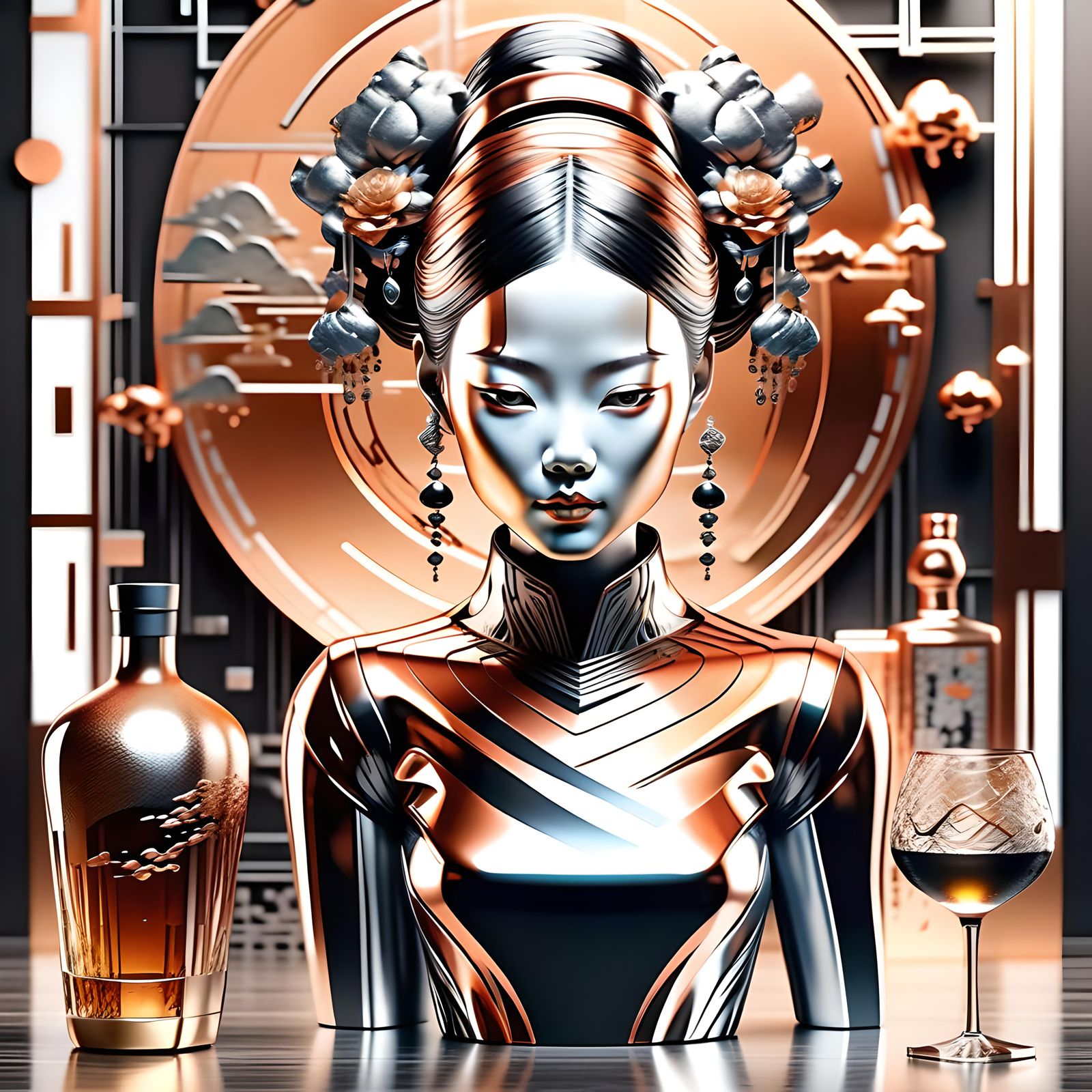 Platinum and Copper Woman in Japanese Ink Style