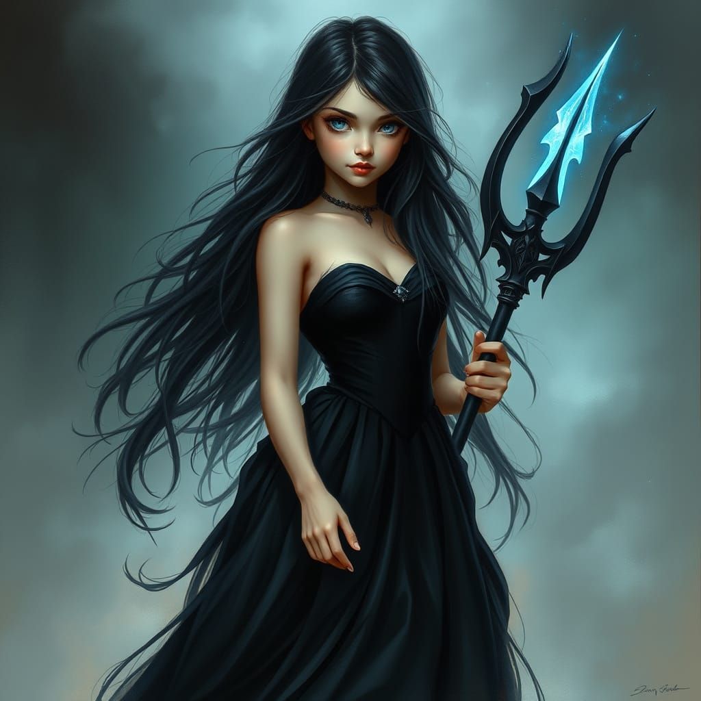 Mystical Girl with Trident in Dreamy Landscape