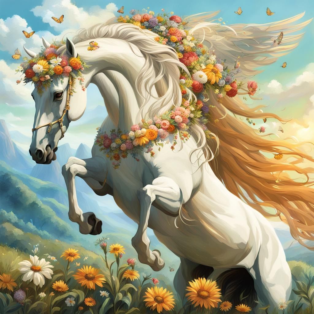 Winged Horse in Enchanted Meadow