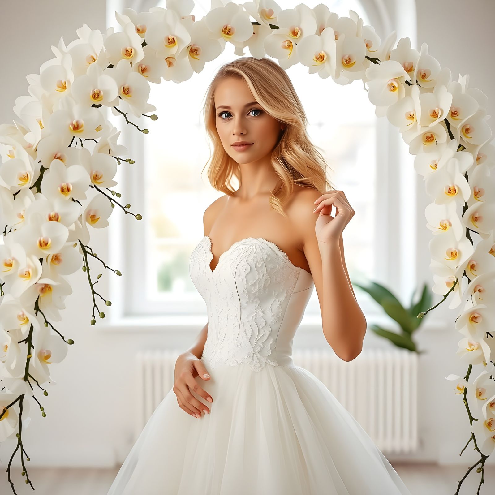 Woman in Wedding Dress with Orchids