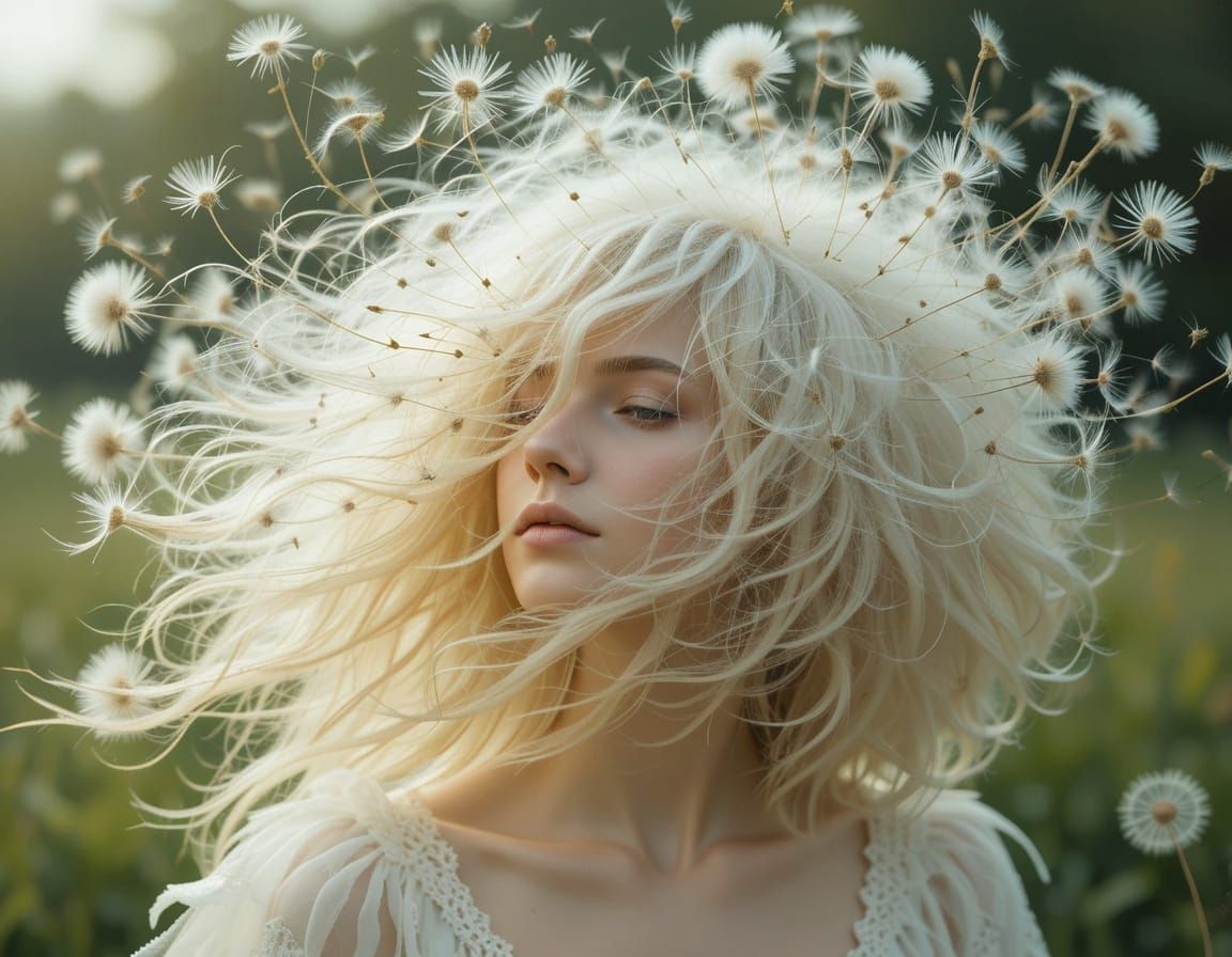 Ethereal Goddess with Dandelion Seed Hair in the Wind