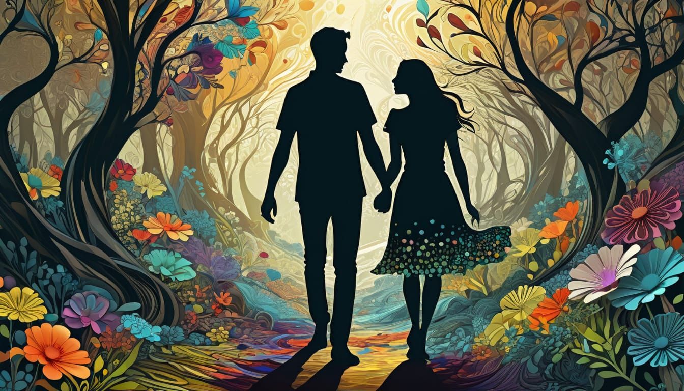 Couple Kissing in Sunny Woodland with Abstract Flowers