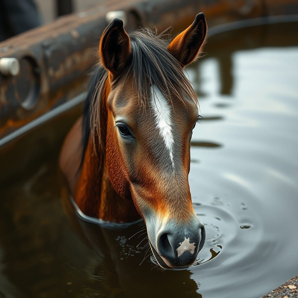 Miniature Horse Emerges from Water Trough