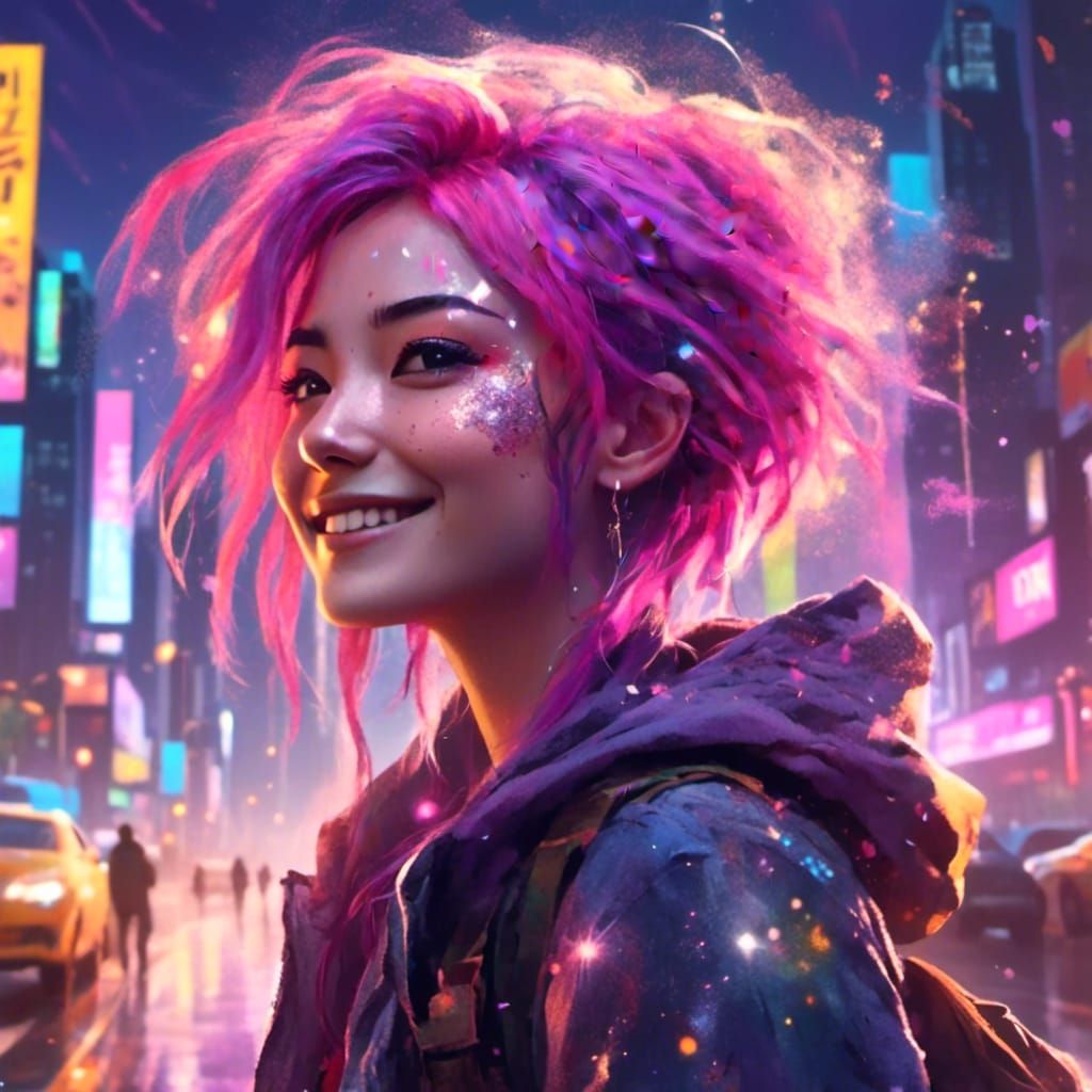Anime Woman with Pink Hair and Glittering Face