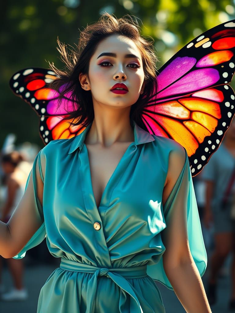 Unconformist Woman in Polka Dot Jumpsuit with Butterfly Wing...