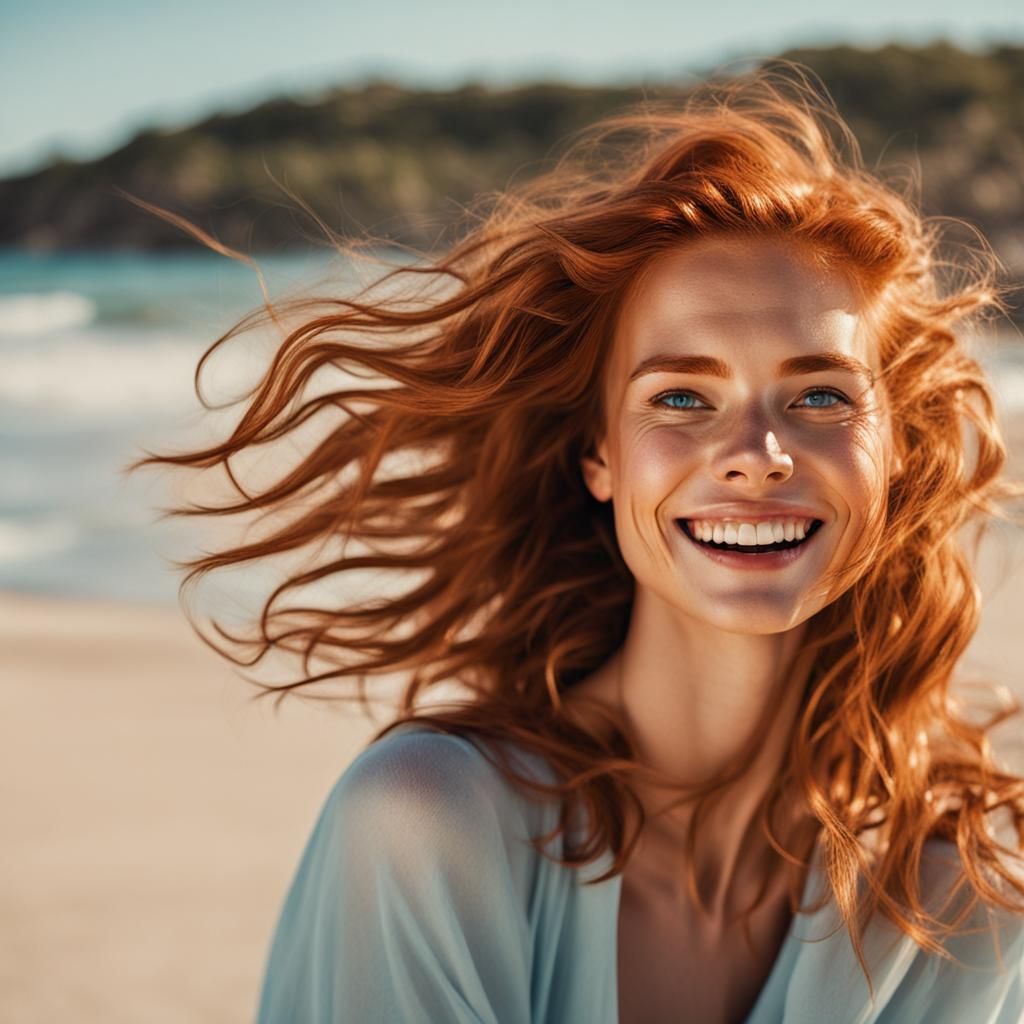 Sensual Auburn Woman on Beach with Blue Eyes