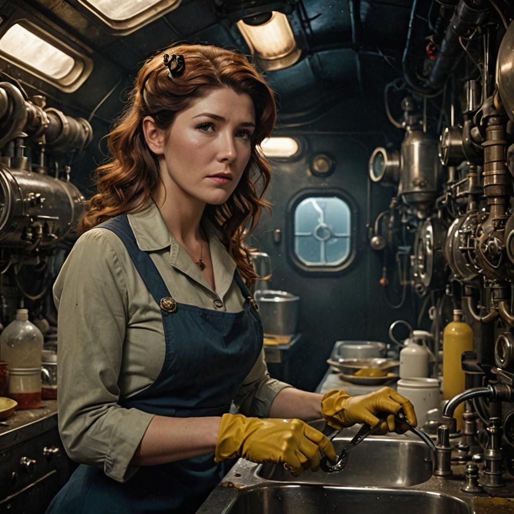 Jewel Staite Washes Dishes in Submarine Caboose