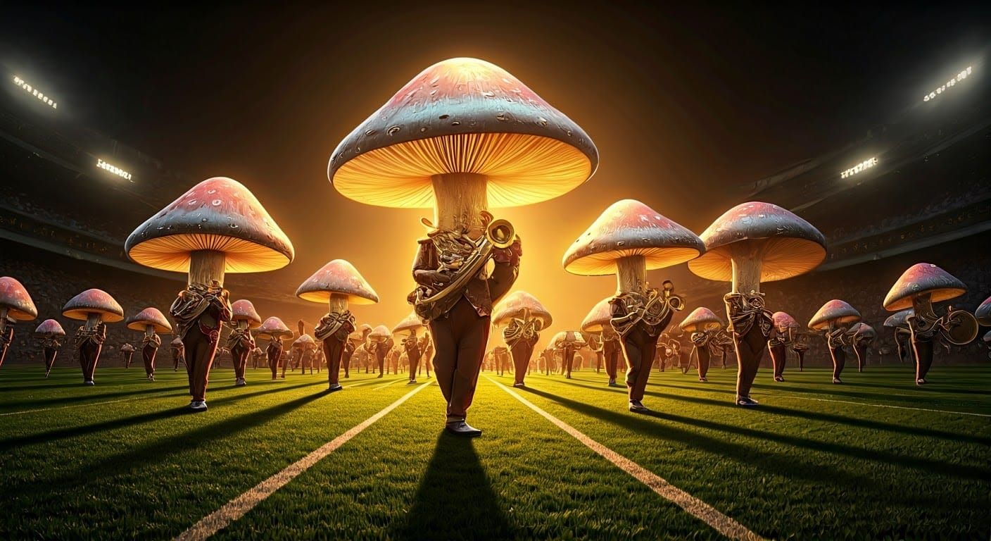 Mushroom Marching Band Performs on Vibrant Football Field in...