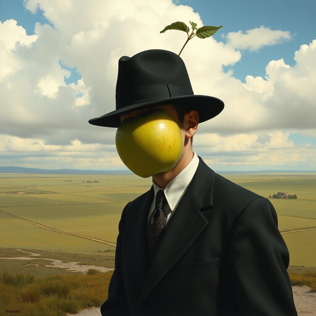 Man with Apple: A Surreal Portrait in Magritte Style