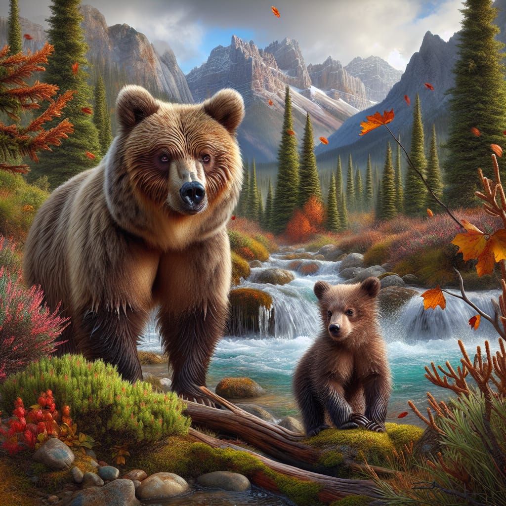 Grizzly Bear and Cub in Autumn Mountain Scene