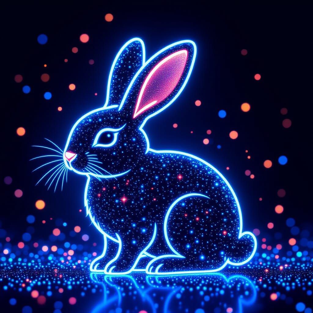 Ethereal Neon Rabbit Silhouette with Glitter Layers