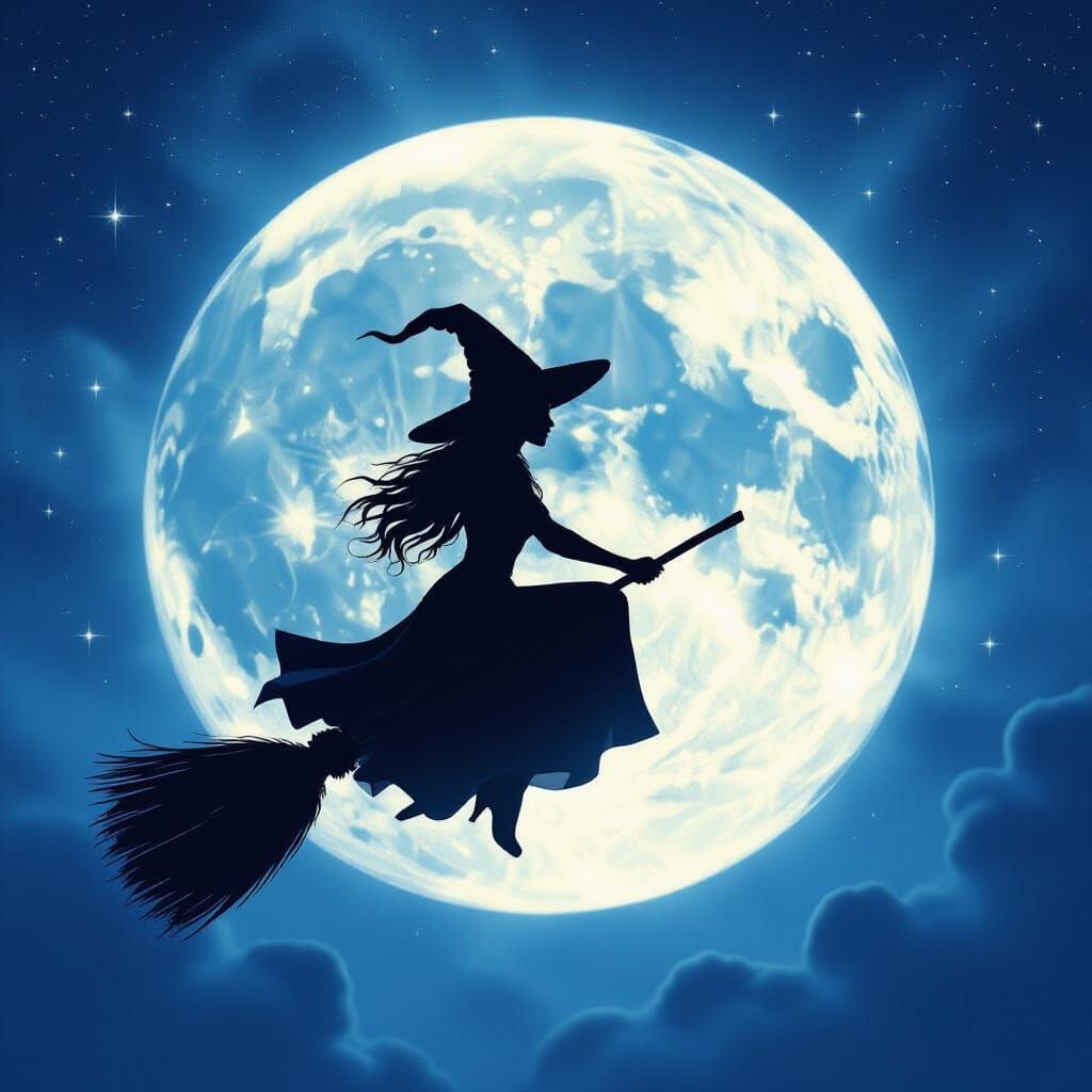 Witch on Broomstick Under Full Moon Sky