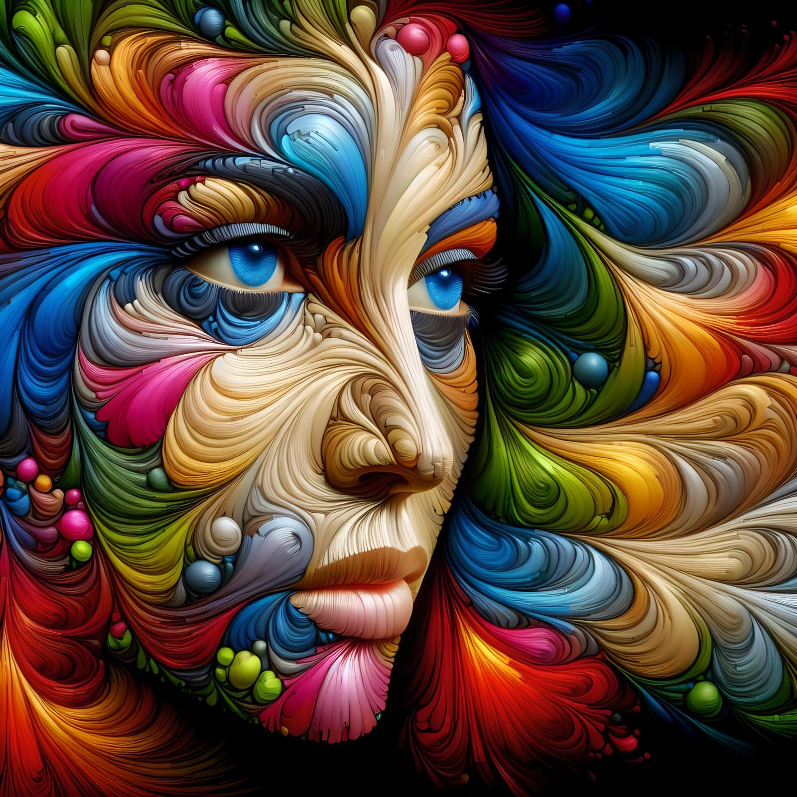 Floral Portrait of Woman with Blue Eyes in Art Nouveau Style