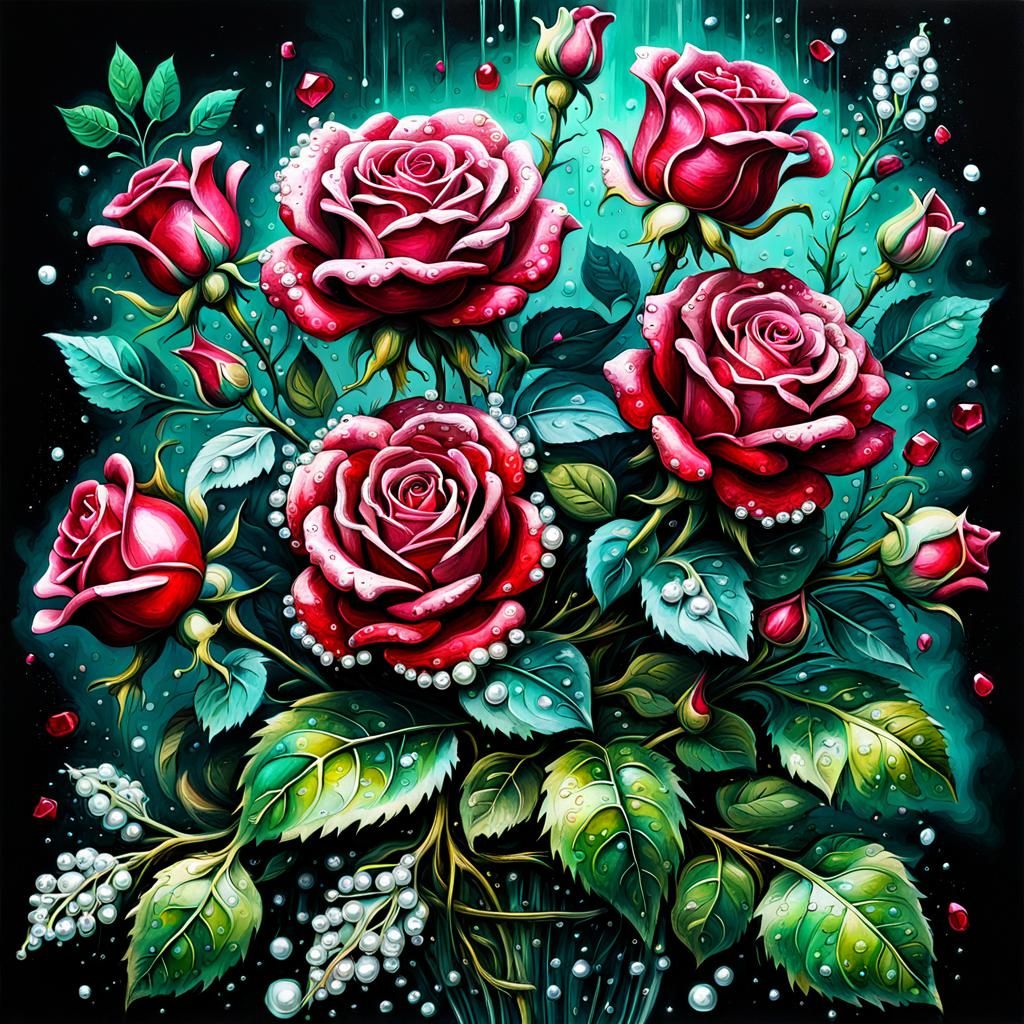 Baroque Ruby Rose Bouquet in Graffiti Art Style