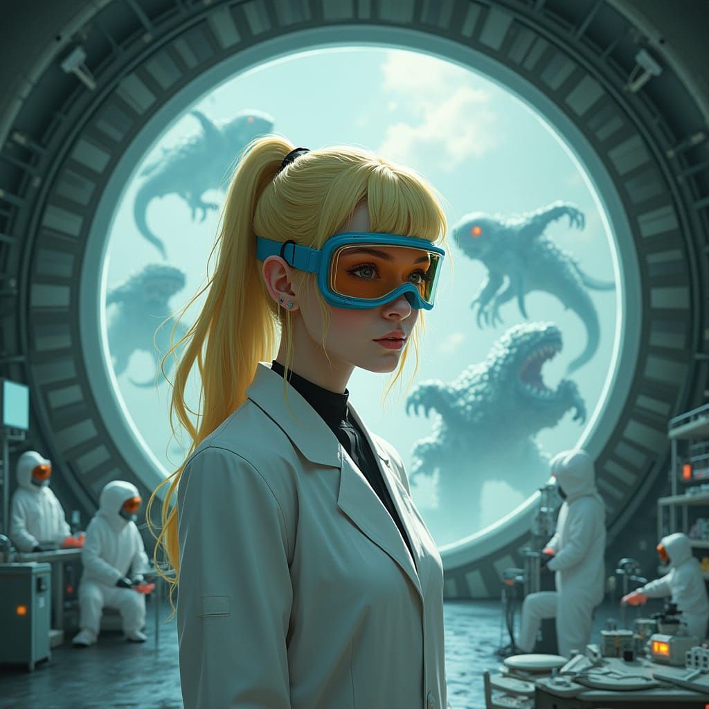 Scientist Woman in High-Tech Lab with Monsters, Hyper-Realis...