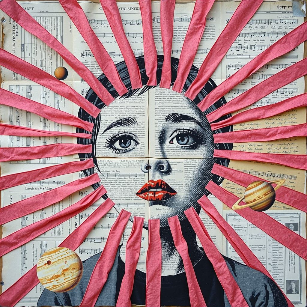 Abstract Collage Portrait with Childhood Symbols and NASA Pl...