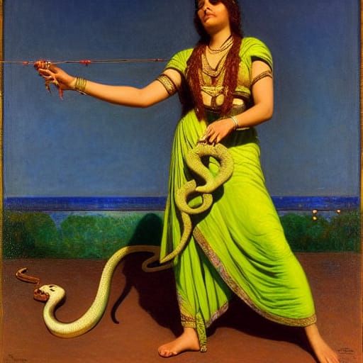 Snake Charmer in Naive Art Style