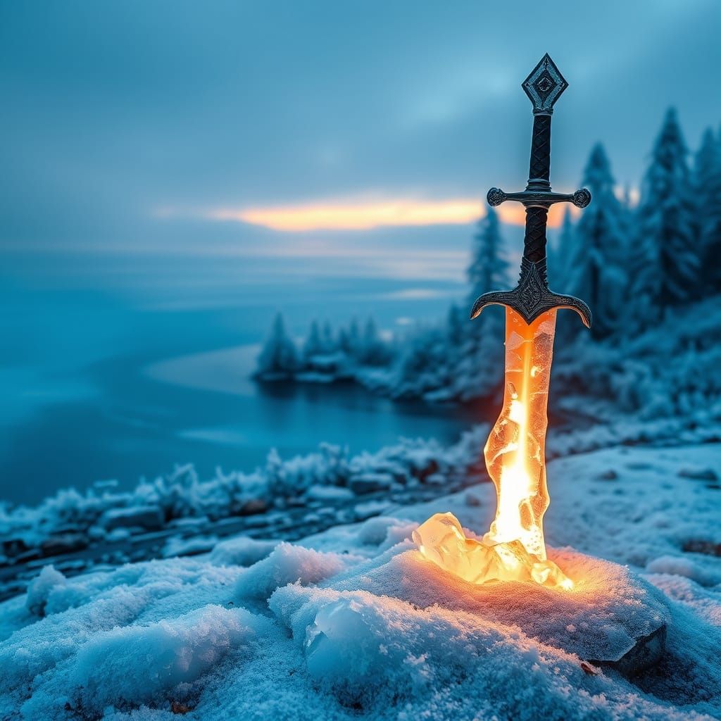 Ethereal Ice Sword in Frosty Winter Landscape