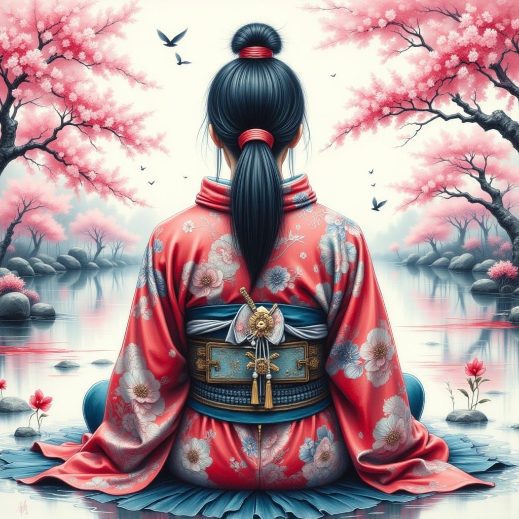 Samurai in Lotus Pose with Dragon Kimono, Gouache Style