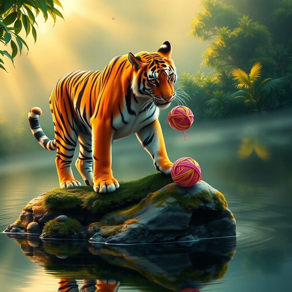 Bengal Tiger Plays with Yarn: Watercolor Wildlife Art