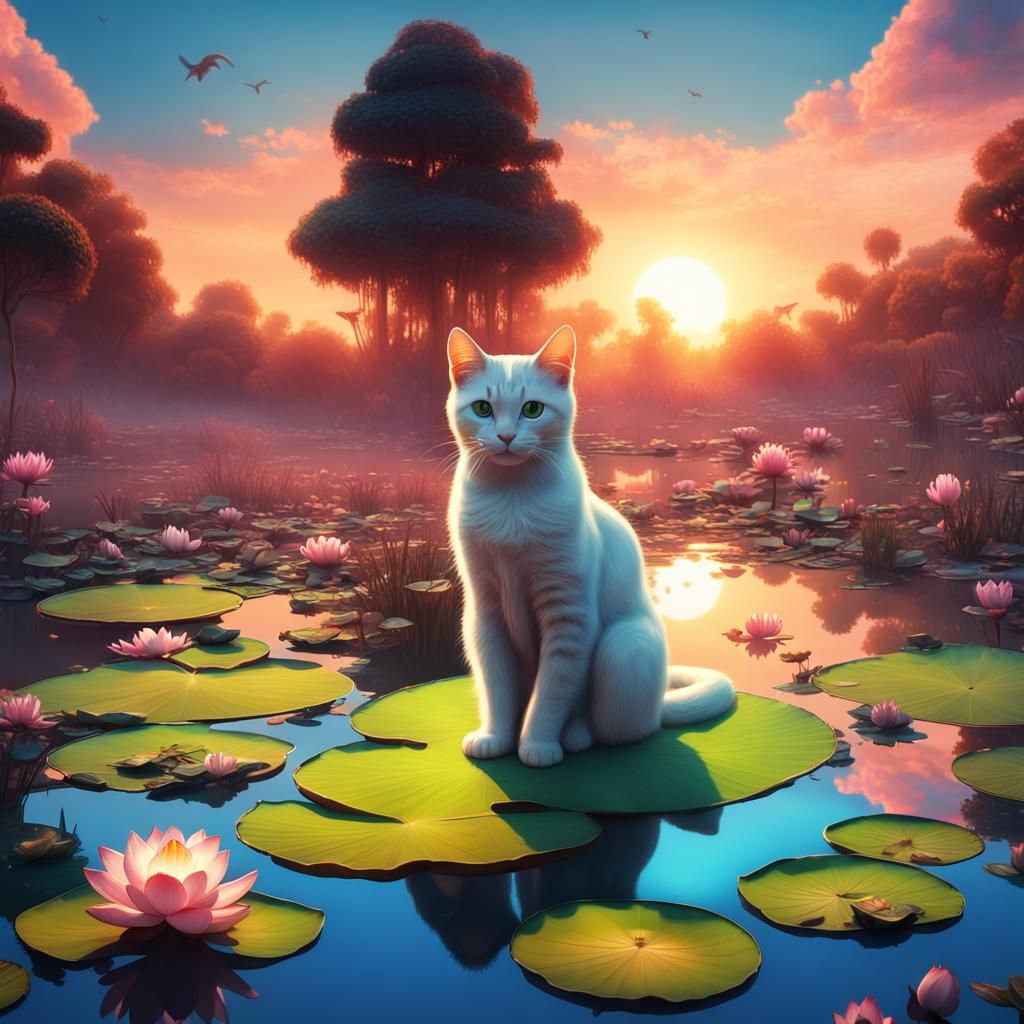 Cats on Lotus Pads at Sunrise: Fantasy Concept Art