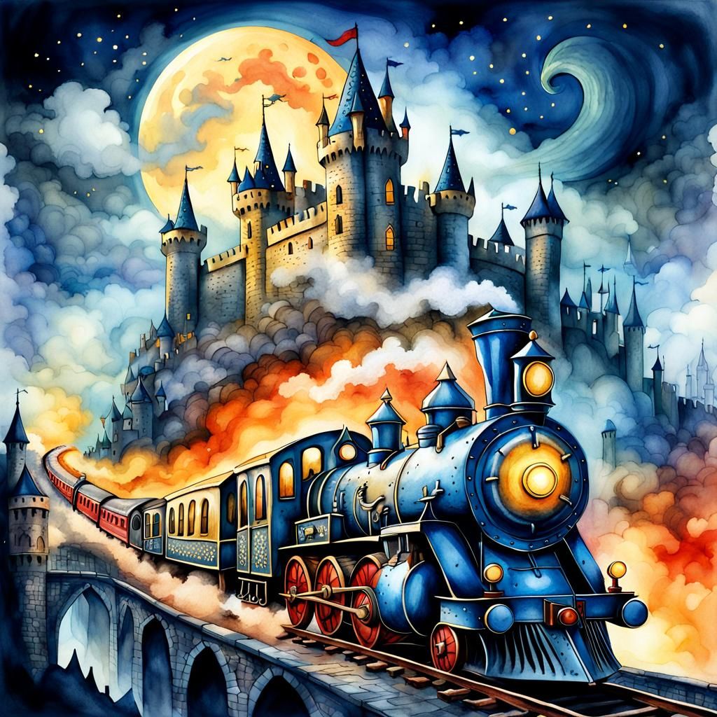 Dragon Train Through Medieval Kingdom: Watercolor Illustrati...