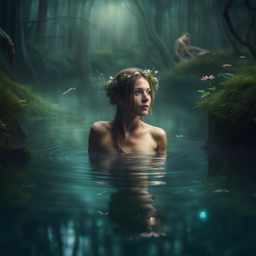 Enchanted Forest: Woman Swimming in a Fairy Pond