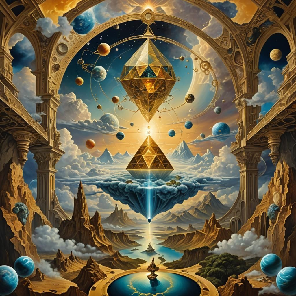 Surreal Golden Palace Connecting Ringed Planets in the Sky