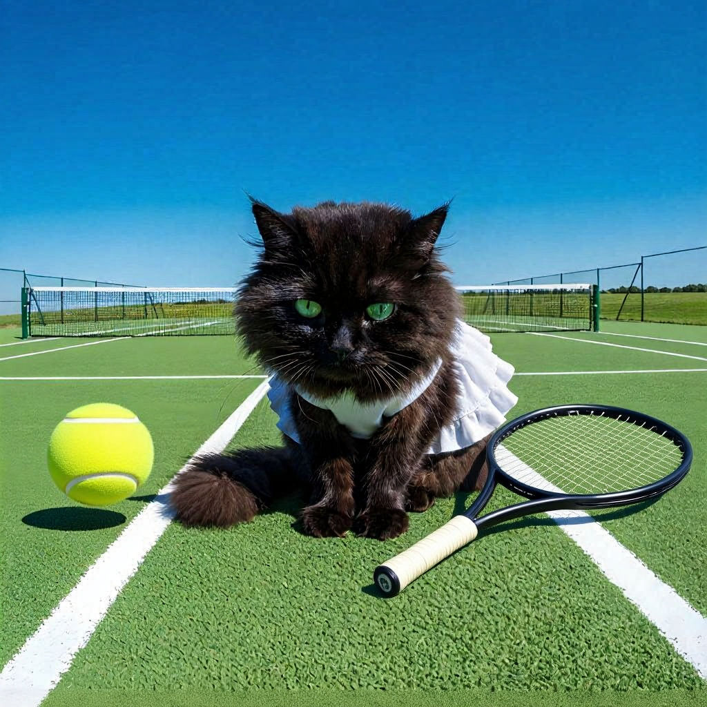 Unhappy Black Cat on Tennis Court