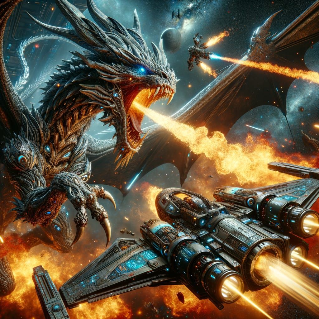 Dragon Engages Futuristic Spaceship in Intense Battle