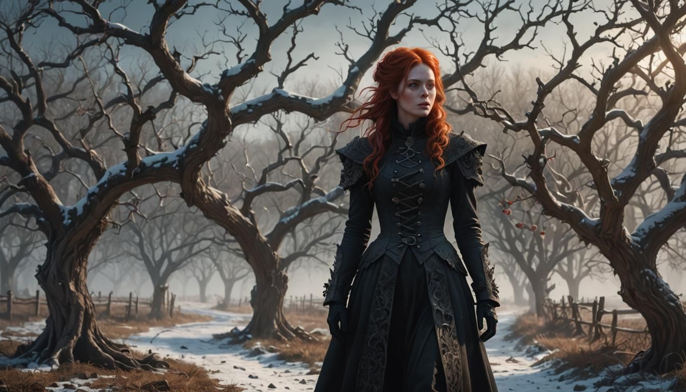 Gothic Girl in Winter Apple Orchard, Dark Fantasy Art